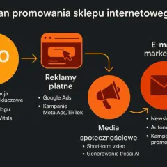 Schemat planu promocji sklepu internetowego: SEO, reklamy płatne, media społecznościowe, e-mail marketing.