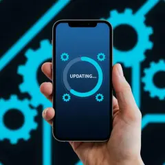 Dłoń trzyma smartfon z ekranem aktualizacji systemu Android na tle niebieskich kół zębatych.