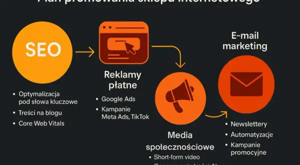 Schemat planu promocji sklepu internetowego: SEO, reklamy płatne, media społecznościowe, e-mail marketing.