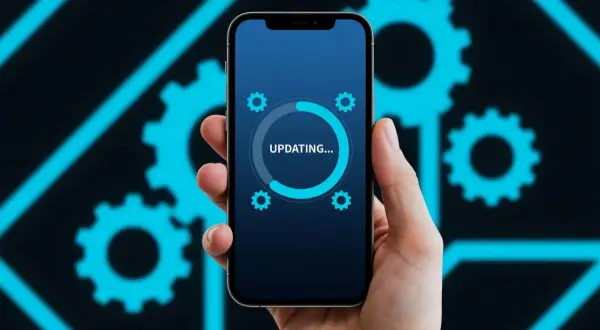 Dłoń trzyma smartfon z ekranem aktualizacji systemu Android na tle niebieskich kół zębatych.