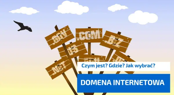 Drewniane tabliczki z nazwami domen internetowych (.com, .net, .org, .biz) na tle nieba z ptakiem.