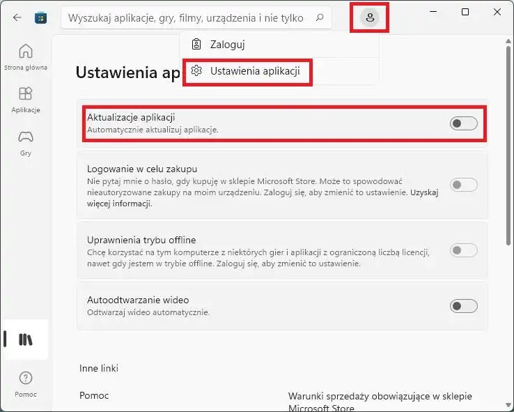 ustawienia automatycznych aktualizacji microsoft store