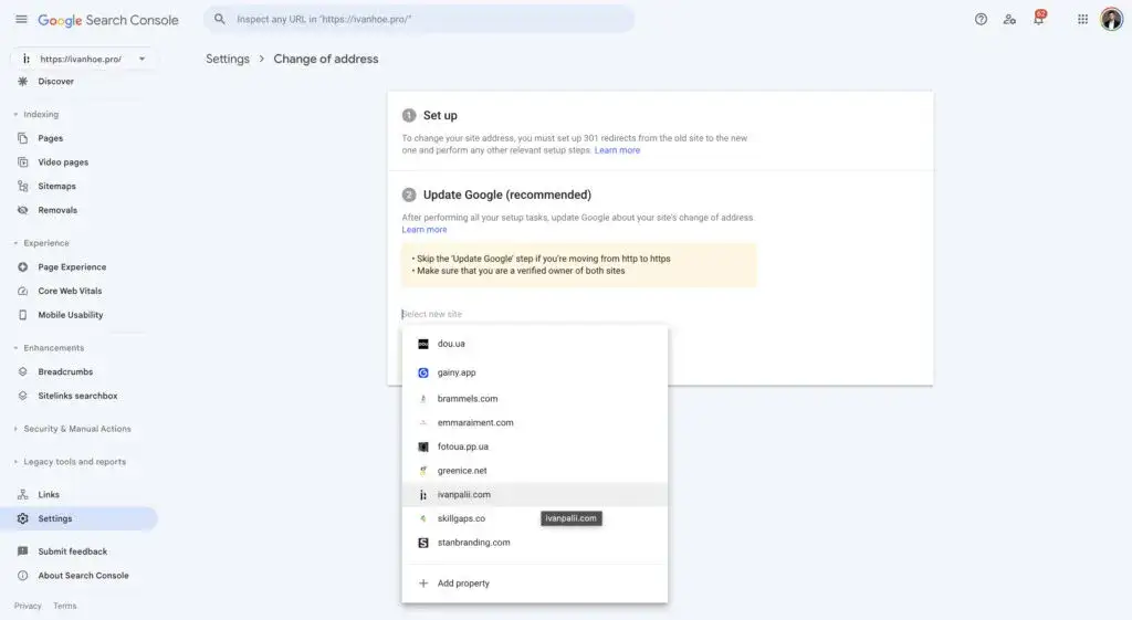 google search console zmiana adresu