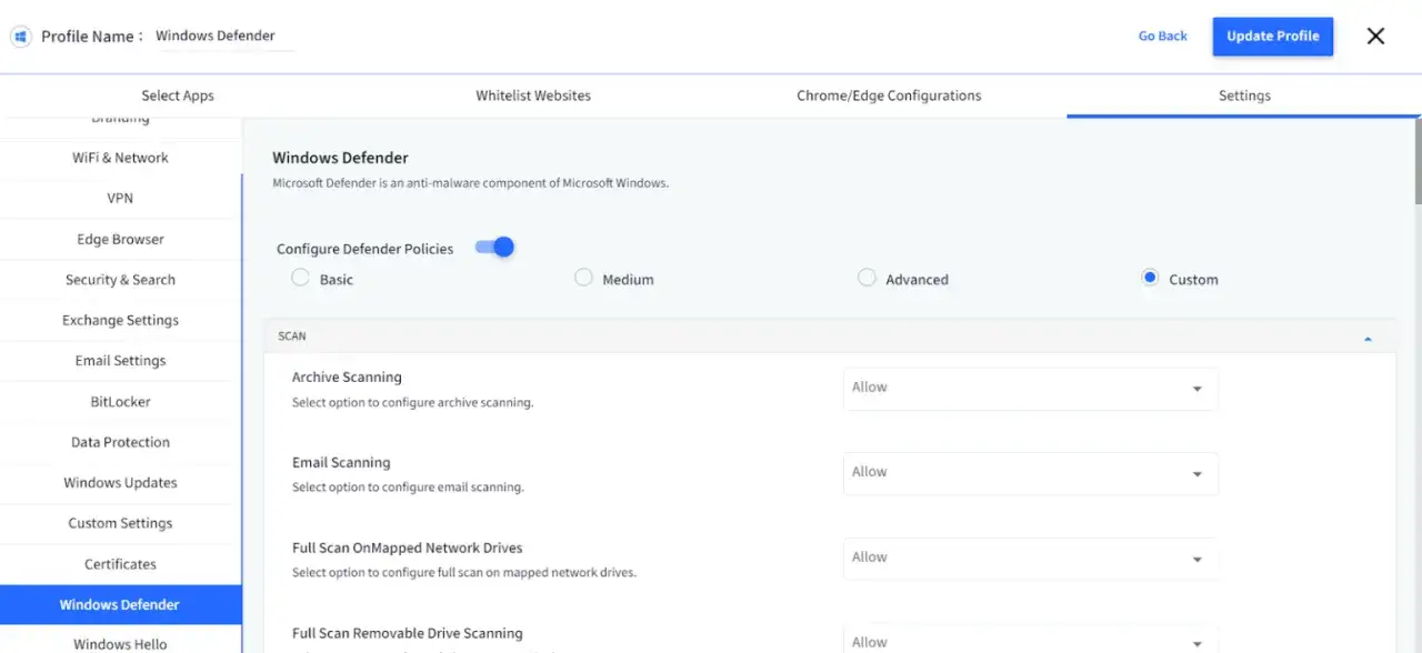 Windows Defender interfejs ustawień