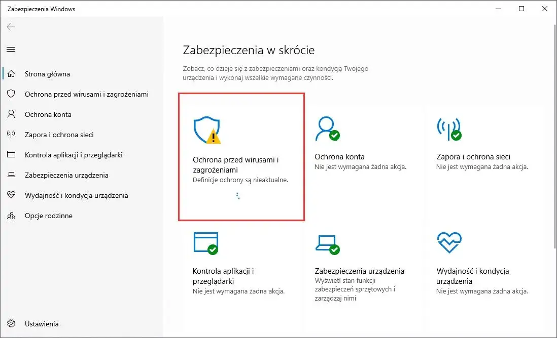 Zrzut ekranu: Zabezpieczenia Windows Zapora i ochrona sieci