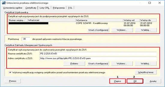Płatnik ustawienia przekazu elektronicznego certyfikaty
