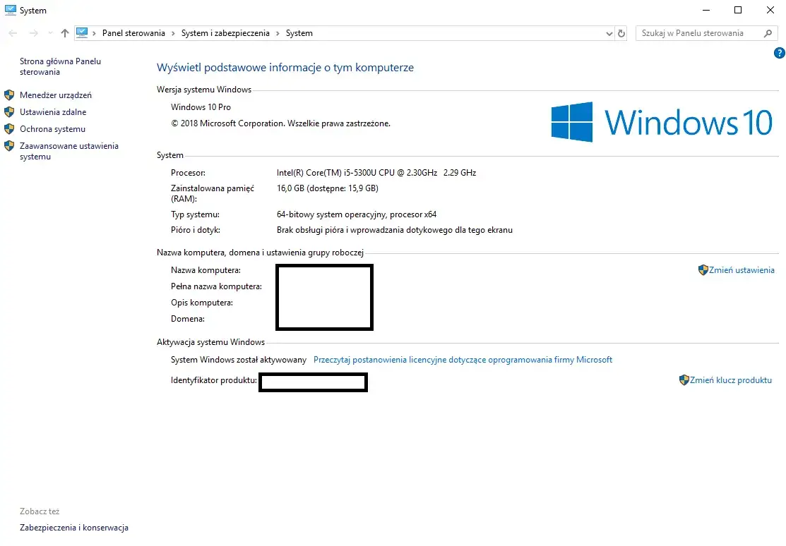 Ustawienia Windows System Informacje