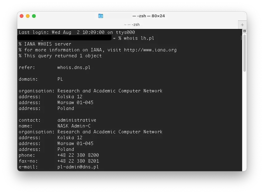 zrzut ekranu wyszukiwarki WHOIS dns.pl