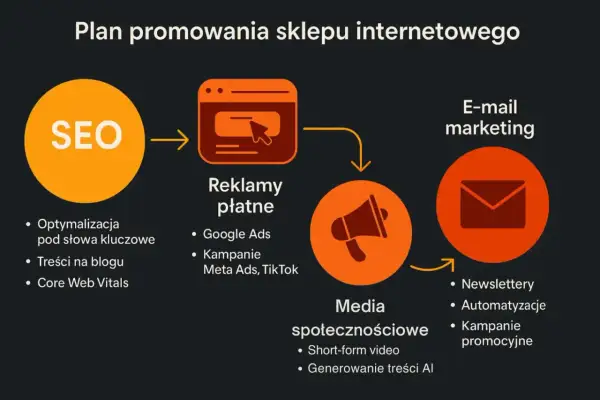 Schemat planu promocji sklepu internetowego: SEO, reklamy płatne, media społecznościowe, e-mail marketing.